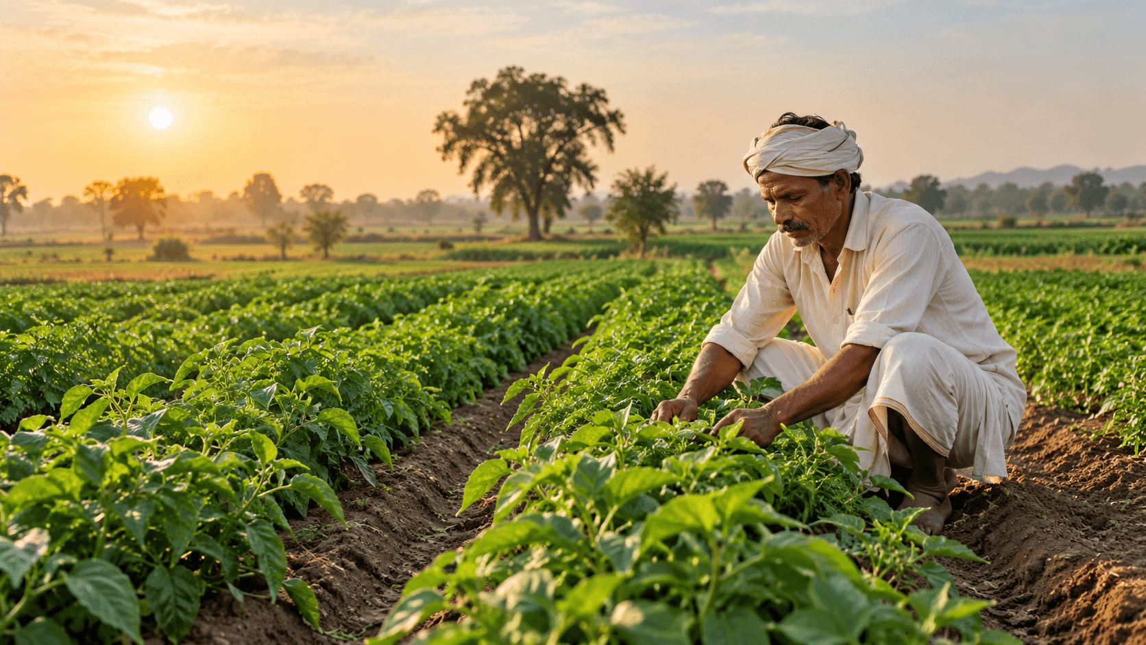 A farmer carefully tending crops in a green field at sunrise