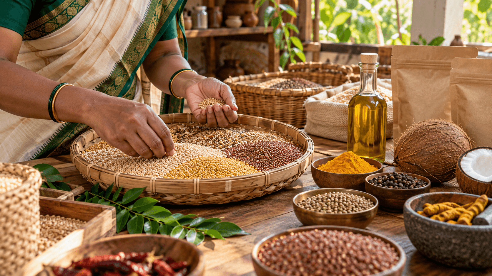 A producer carefully sorting native grains alongside spices, coconut and cold-pressed oil